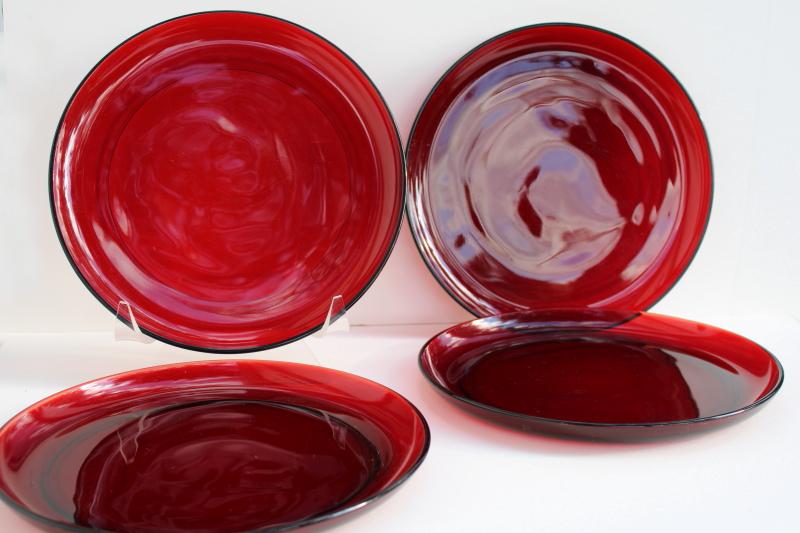 photo of vintage ruby red glass dinner plates set of four, Christmas holiday dinnerware #1