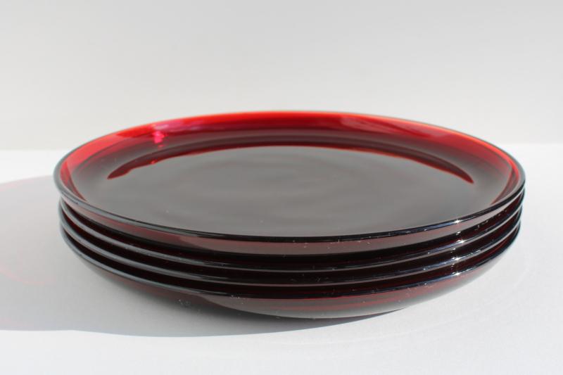 photo of vintage ruby red glass dinner plates set of four, Christmas holiday dinnerware #6