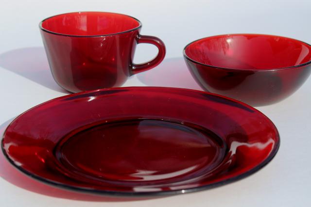 photo of vintage ruby red glass dishes - plates, bowls, mug cups set for 6 #3