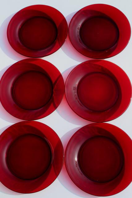 photo of vintage ruby red glass dishes - plates, bowls, mug cups set for 6 #4