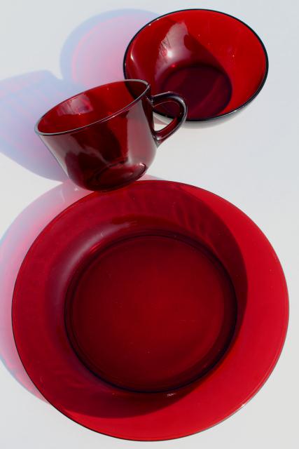 photo of vintage ruby red glass dishes - plates, bowls, mug cups set for 6 #5