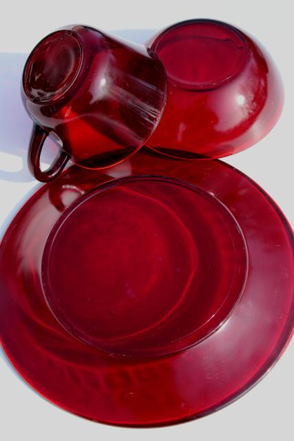 photo of vintage ruby red glass dishes - plates, bowls, mug cups set for 6 #6