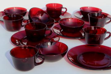 catalog photo of vintage ruby red glass dishes - plates, bowls, mug cups set for 6