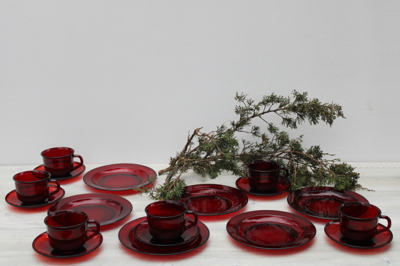 photo of vintage ruby red glass dishes set, Arcoroc France salad or dessert plates, cups & saucers #1