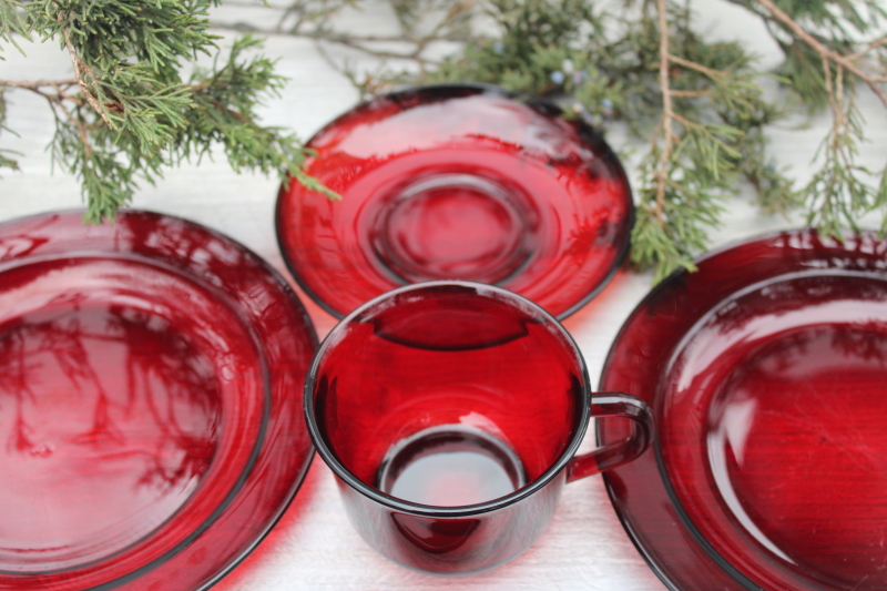 photo of vintage ruby red glass dishes set, Arcoroc France salad or dessert plates, cups & saucers #4