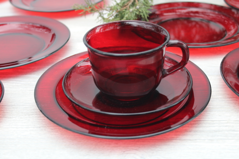 photo of vintage ruby red glass dishes set, Arcoroc France salad or dessert plates, cups & saucers #5