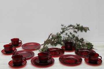 catalog photo of vintage ruby red glass dishes set, Arcoroc France salad or dessert plates, cups & saucers