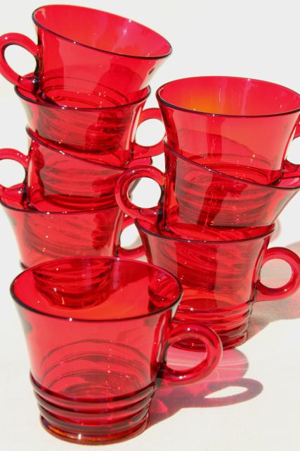 photo of vintage ruby red glass mugs or punch cups, 1930s Paden City Penny line depression glass #1