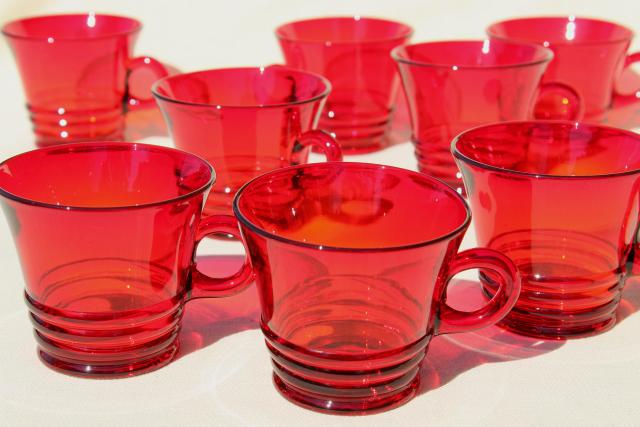 photo of vintage ruby red glass mugs or punch cups, 1930s Paden City Penny line depression glass #2