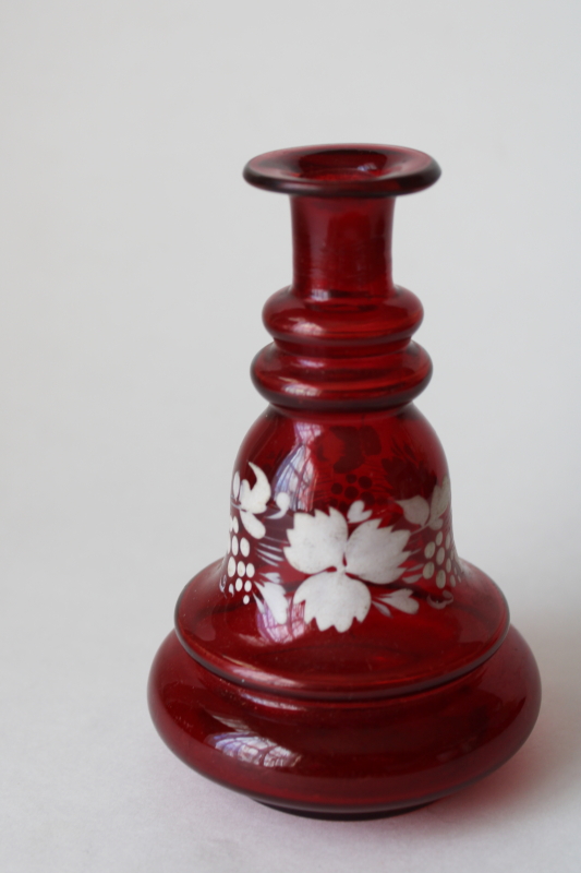 photo of vintage ruby red glass perfume bottle or vase, Bohemian glass w/ white vines Mary Gregory style  #1