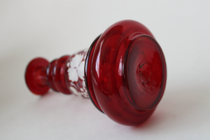 photo of vintage ruby red glass perfume bottle or vase, Bohemian glass w/ white vines Mary Gregory style  #2