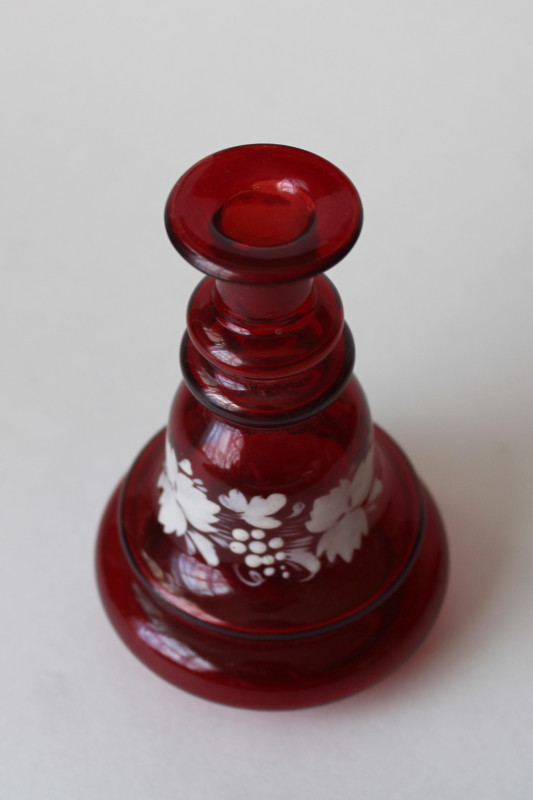 photo of vintage ruby red glass perfume bottle or vase, Bohemian glass w/ white vines Mary Gregory style  #3