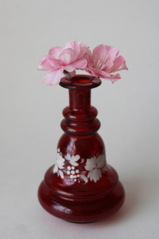 photo of vintage ruby red glass perfume bottle or vase, Bohemian glass w/ white vines Mary Gregory style  #4