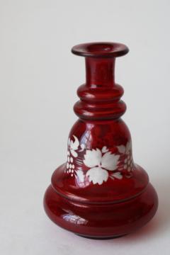 catalog photo of vintage ruby red glass perfume bottle or vase, Bohemian glass w/ white vines Mary Gregory style 