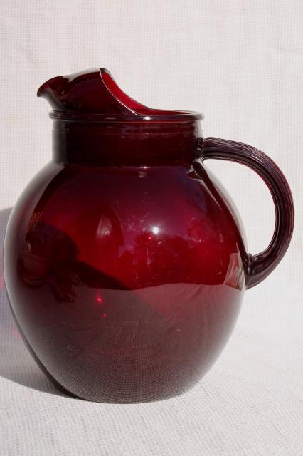 photo of vintage ruby red glass pitcher, ball jug shape water or lemonade pitcher #2