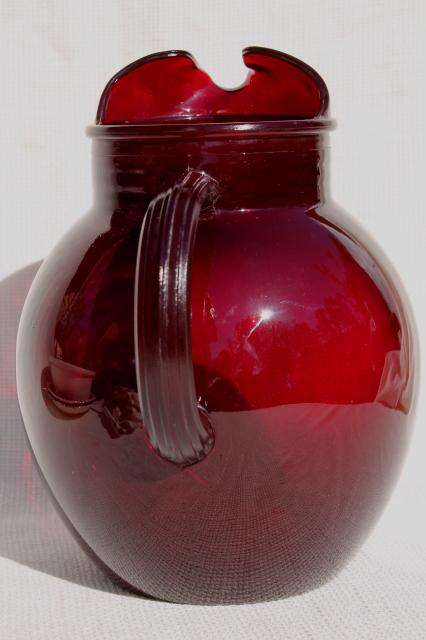 photo of vintage ruby red glass pitcher, ball jug shape water or lemonade pitcher #3