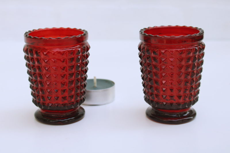 photo of vintage ruby red glass votive or tea light candle holders pair, fine cut waffle block pattern glass #1