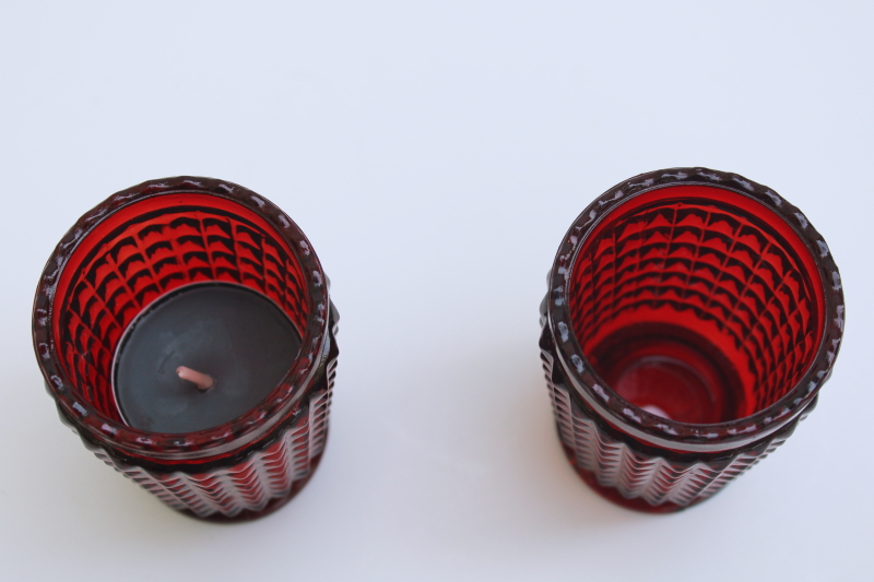 photo of vintage ruby red glass votive or tea light candle holders pair, fine cut waffle block pattern glass #3