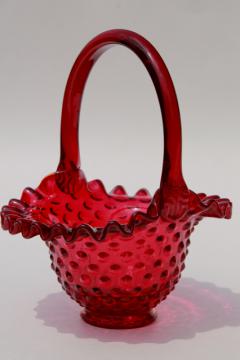 catalog photo of vintage ruby red hobnail glass brides's basket w/ Fenton glass label