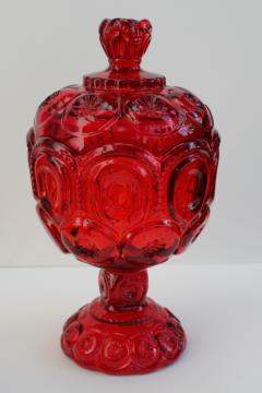 catalog photo of vintage ruby red moon and stars pattern glass, tall pedestal candy dish or small compote
