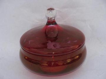 catalog photo of vintage ruby stain candy dish, flashed red color on etched glass