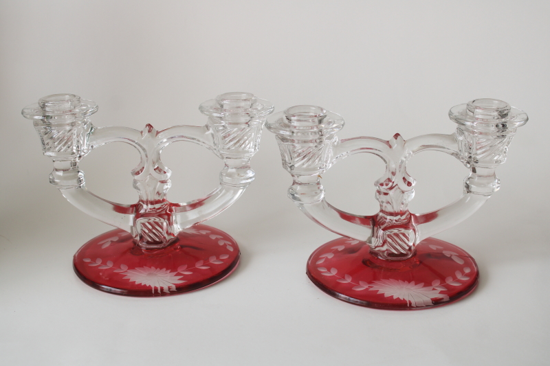 photo of vintage ruby stain etched glass candle holders Indiana number 307, double light candlesticks pair  #1