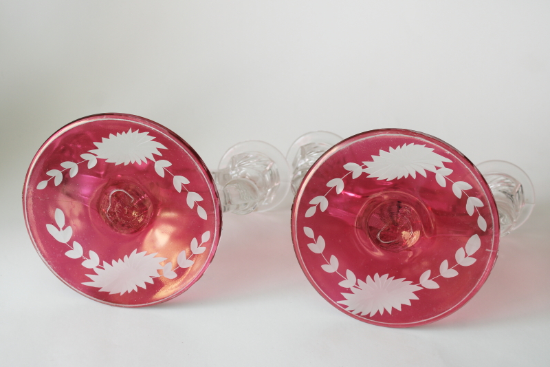 photo of vintage ruby stain etched glass candle holders Indiana number 307, double light candlesticks pair #2