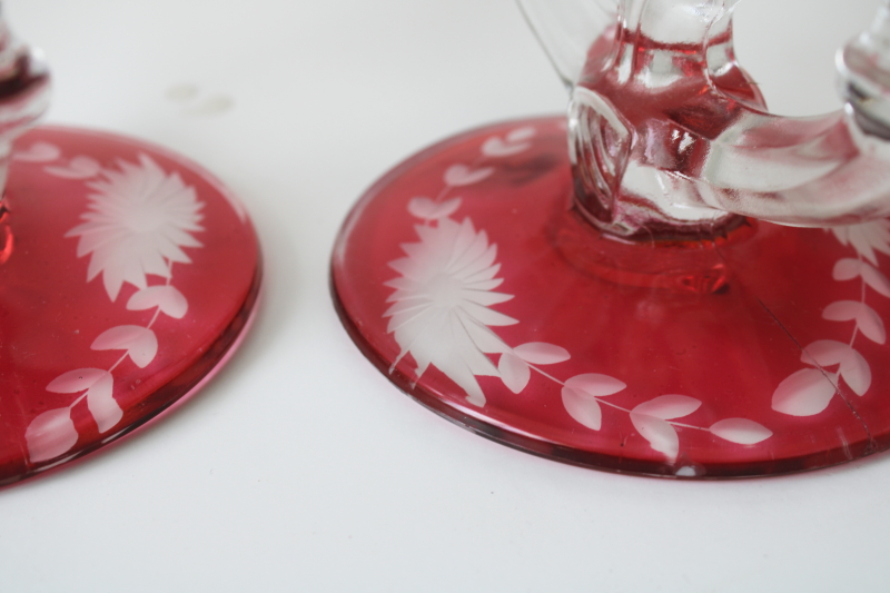 photo of vintage ruby stain etched glass candle holders Indiana number 307, double light candlesticks pair #3