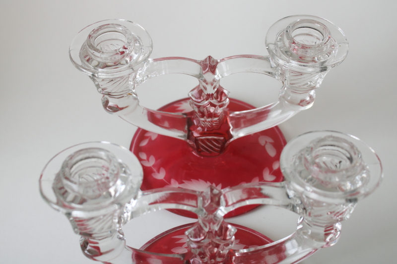 photo of vintage ruby stain etched glass candle holders Indiana number 307, double light candlesticks pair #4