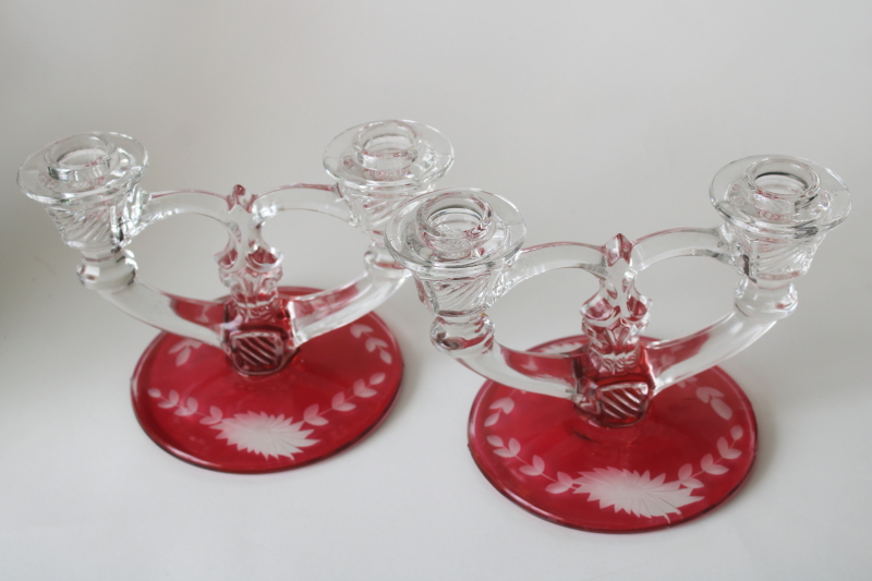 photo of vintage ruby stain etched glass candle holders Indiana number 307, double light candlesticks pair #5