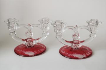catalog photo of vintage ruby stain etched glass candle holders Indiana number 307, double light candlesticks pair 