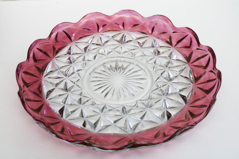 photo of vintage ruby stain flashed color border cake plate, Monticello pattern glass #5