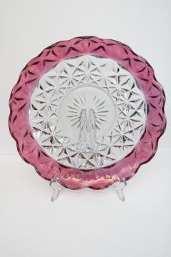 vintage ruby stain flashed color border cake plate, Monticello pattern glass