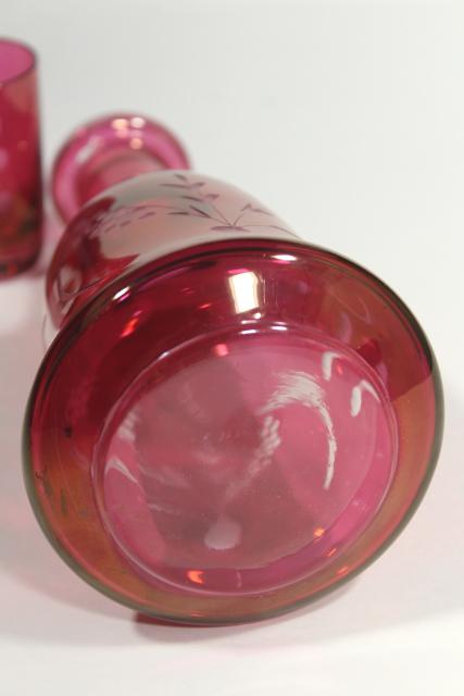 photo of vintage ruby stain glass bottle & whiskey glasses, etched cut to clear shots and decanter #3