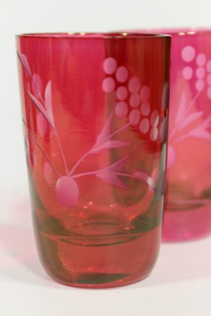 photo of vintage ruby stain glass bottle & whiskey glasses, etched cut to clear shots and decanter #6