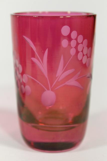 photo of vintage ruby stain glass bottle & whiskey glasses, etched cut to clear shots and decanter #7