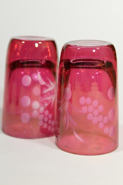 photo of vintage ruby stain glass bottle & whiskey glasses, etched cut to clear shots and decanter #8