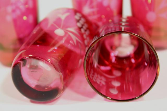 photo of vintage ruby stain glass bottle & whiskey glasses, etched cut to clear shots and decanter #10