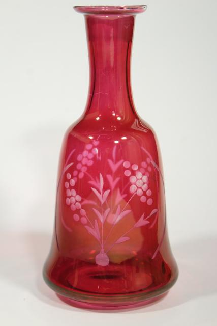 photo of vintage ruby stain glass bottle & whiskey glasses, etched cut to clear shots and decanter #11