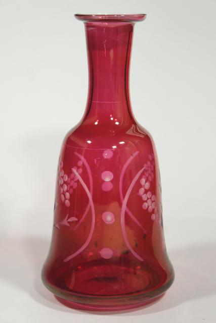 photo of vintage ruby stain glass bottle & whiskey glasses, etched cut to clear shots and decanter #12