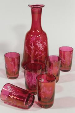 catalog photo of vintage ruby stain glass bottle & whiskey glasses, etched cut to clear shots and decanter