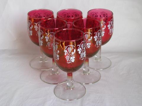 photo of vintage ruby stain glass decanter & 6 goblet glasses, opalescent flash w/ grapes pattern #2