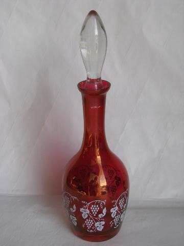 photo of vintage ruby stain glass decanter & 6 goblet glasses, opalescent flash w/ grapes pattern #3