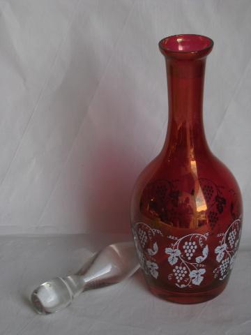 photo of vintage ruby stain glass decanter & 6 goblet glasses, opalescent flash w/ grapes pattern #4