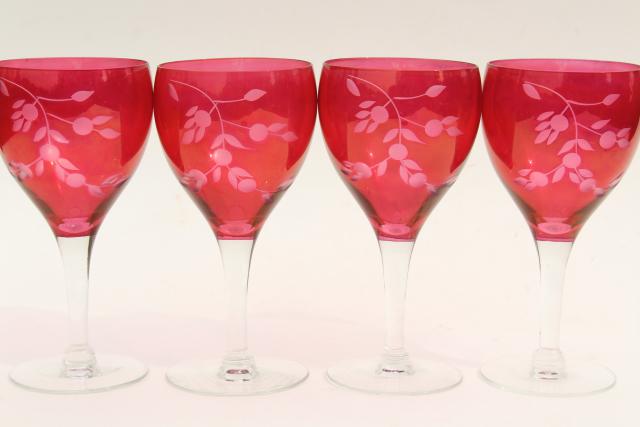 photo of vintage ruby stain glass wine glasses, etched cut stemware red w/ clear stems #4