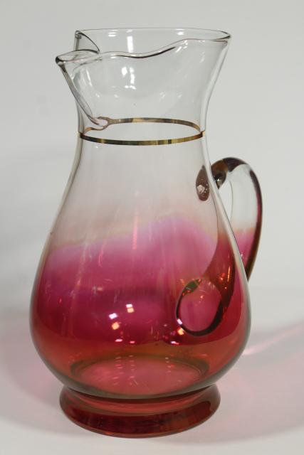 photo of vintage ruby stain shaded color glass wine pitcher, 50s 60s West Virginia glass #1