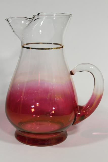 photo of vintage ruby stain shaded color glass wine pitcher, 50s 60s West Virginia glass #3