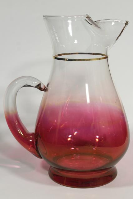 photo of vintage ruby stain shaded color glass wine pitcher, 50s 60s West Virginia glass #5