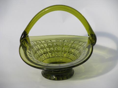 photo of vintage ruffled green glass brides basket, flower bowl #2