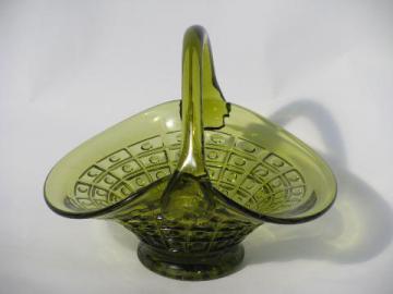 catalog photo of vintage ruffled green glass brides basket, flower bowl